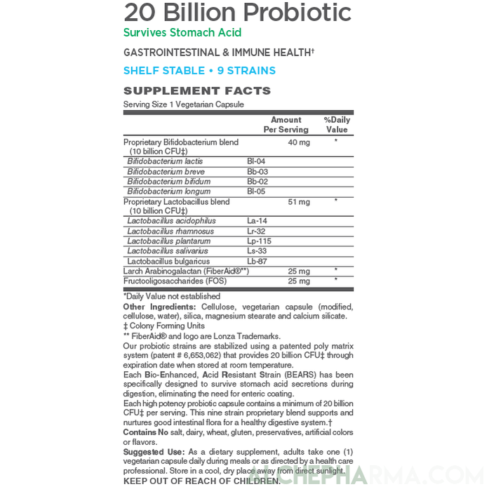 20 Billion Probiotic 9 Strains designed for daily maintenance and w/prebiotics-Vitamins & Supplements-AlchePharma