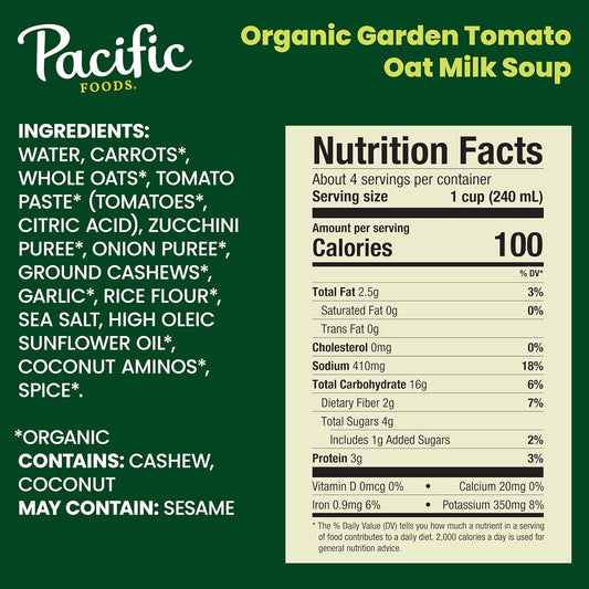 Pacific Foods, Organic Creamy Garden Tomato Oat Milk Soup, 32 Fl Oz