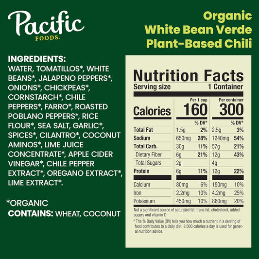 Pacific Foods Organic White Bean Verde Chili, Plant Based, 16.5 oz