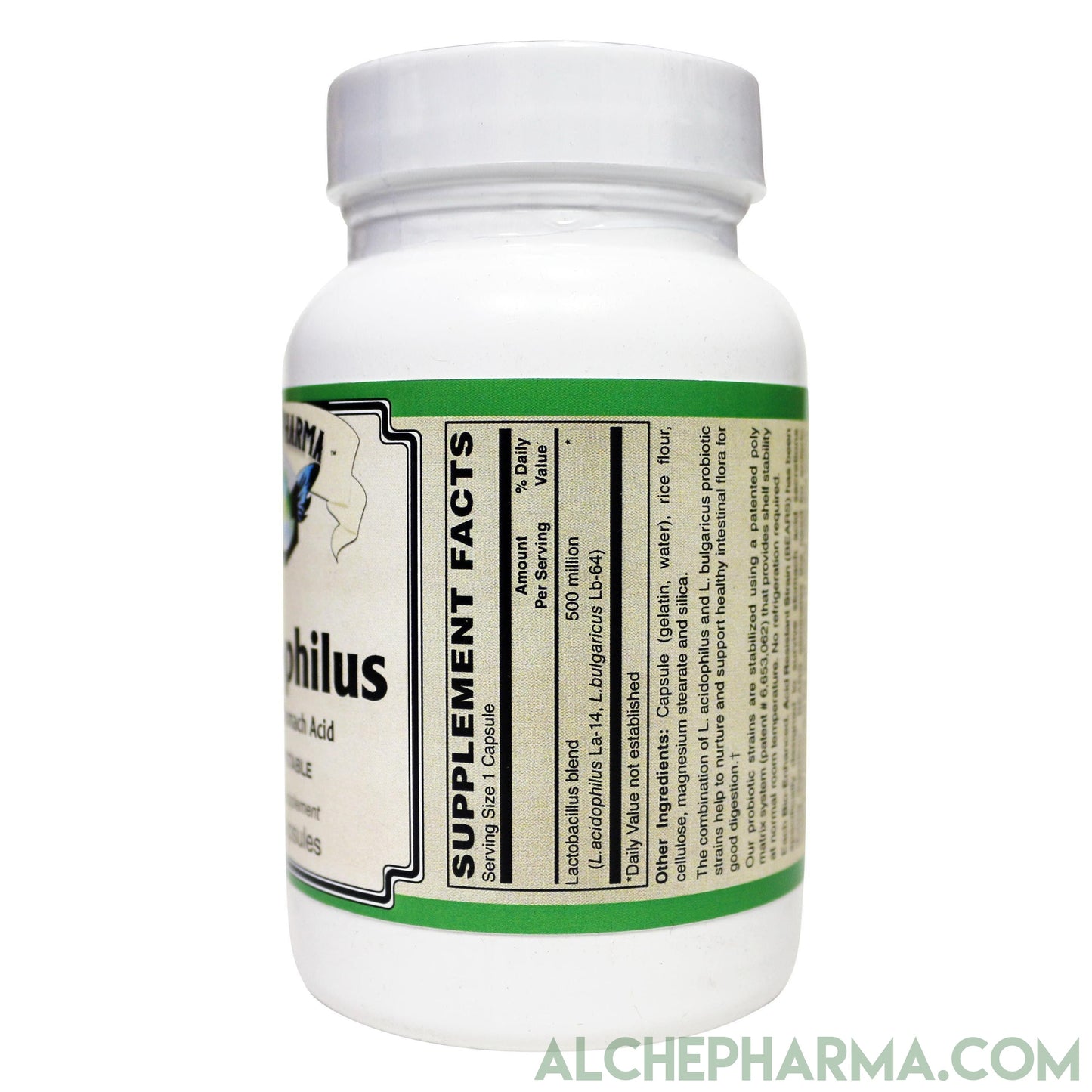Acidophilus w/ Lactic Acid Producing strains L. acidophilus (La-14 ) and L. bulgaricus (La-64 ) 500 million viable cells per capsule-Probiotics-AlchePharma