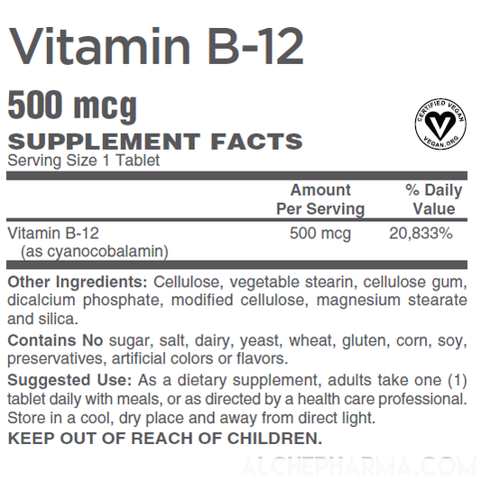 B-12 500 mcg. Certified Vegan - Cyanocobalamin-Vitamins & Supplements-AlchePharma