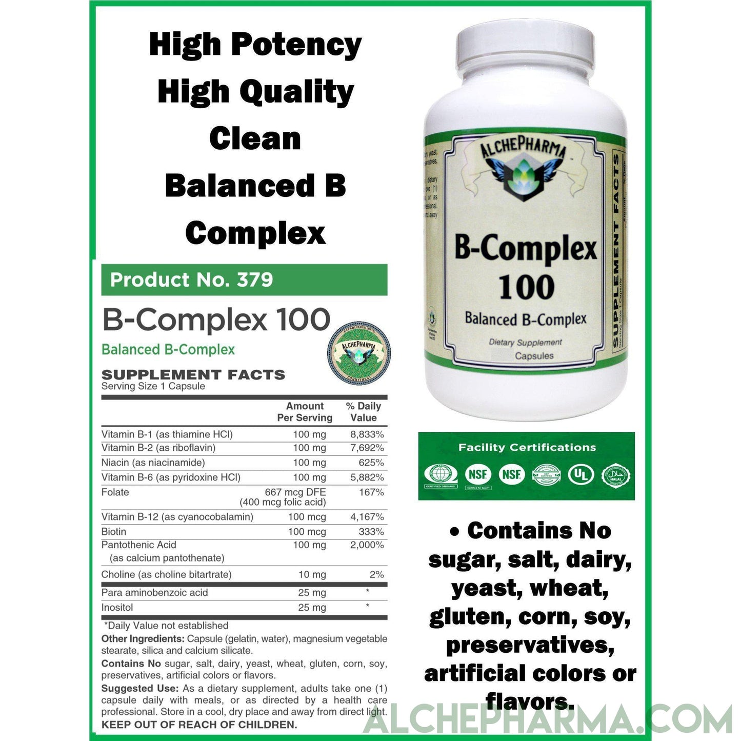 Balanced B-100 Complex Caps with Choline, PABA and Inositol ( Preservative free )-AlchePharma
