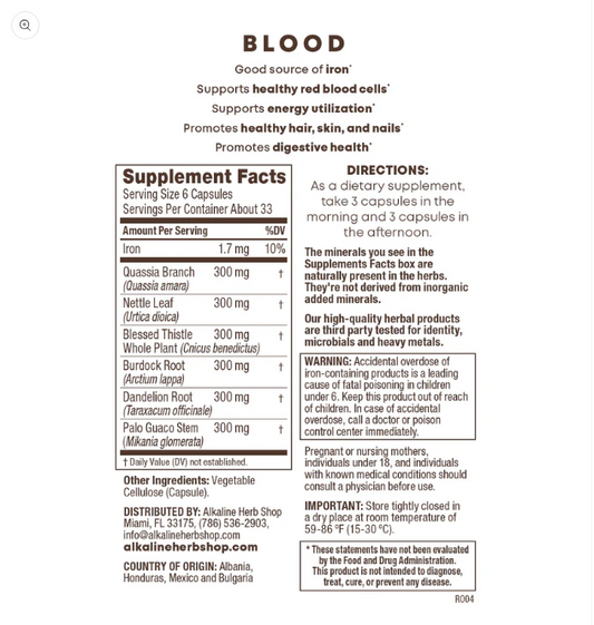 Blood Supplement - Plant-Based Iron - 200 Capsules