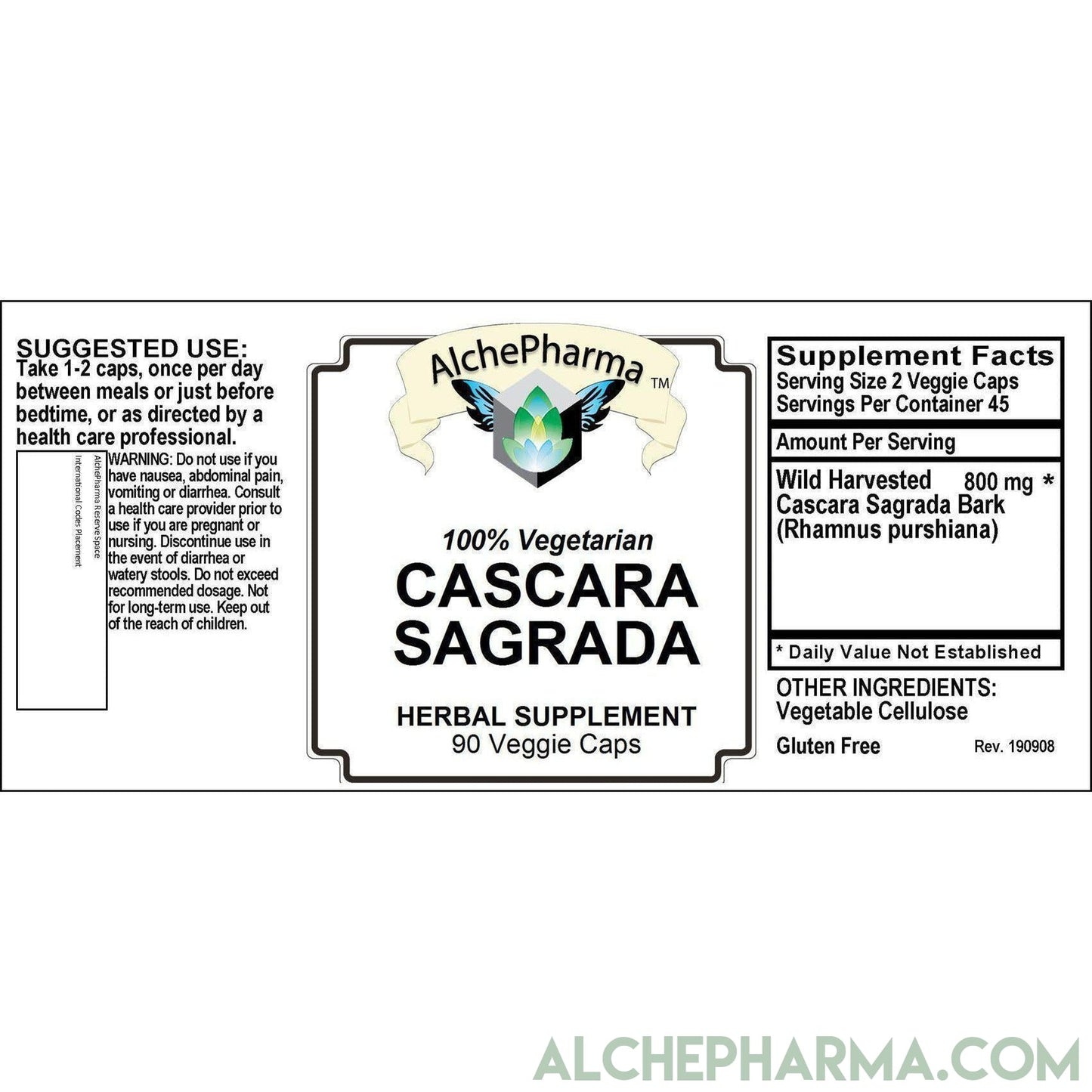 Cascara Sagrada Bark Wild Harvested (Rhamnus purshiana Bark) 400 mg. per Veggie Cap-Herbs-AlchePharma