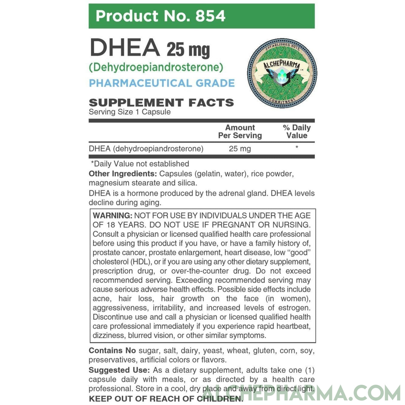 DHEA ((Dehydroepiandrosterone) Pharmaceutical Grade 25 mg.-Hormones-AlchePharma