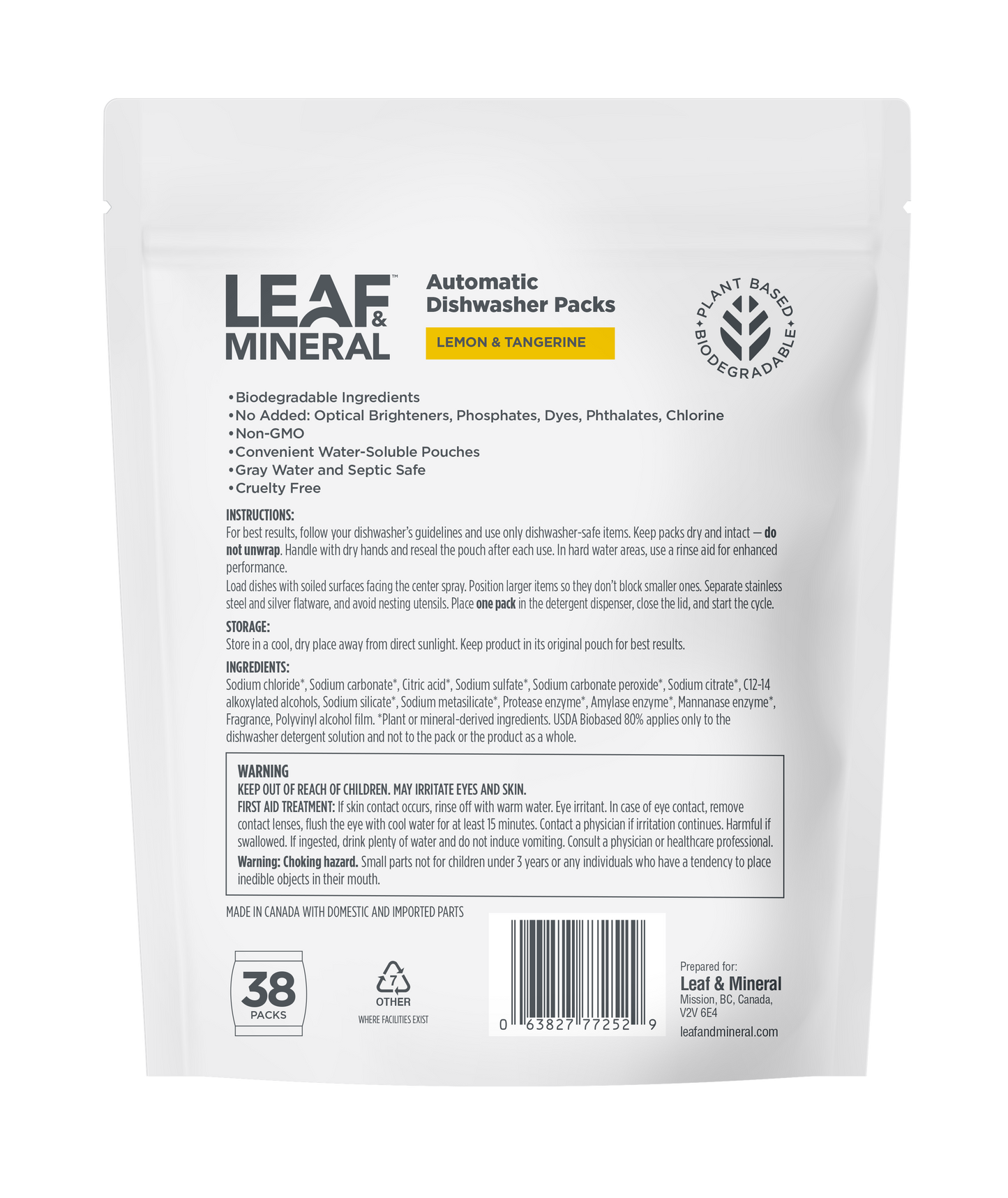 Automatic Dishwasher Packs - Plant Based, Biodegradable - 38 Packs