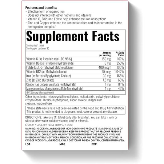 Ferrofect Iron - Ferrous Bysglycinate Complex 30 Tablets-Iron-AlchePharma