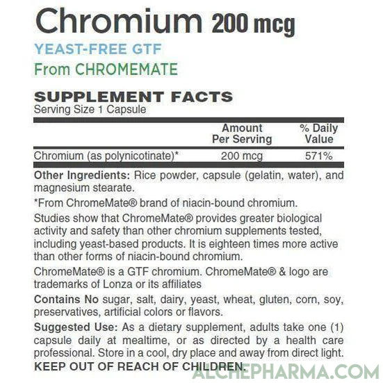 Chromium 200 Mcg -Yeast Free GTF from ChromeMate® - 100 Capsules