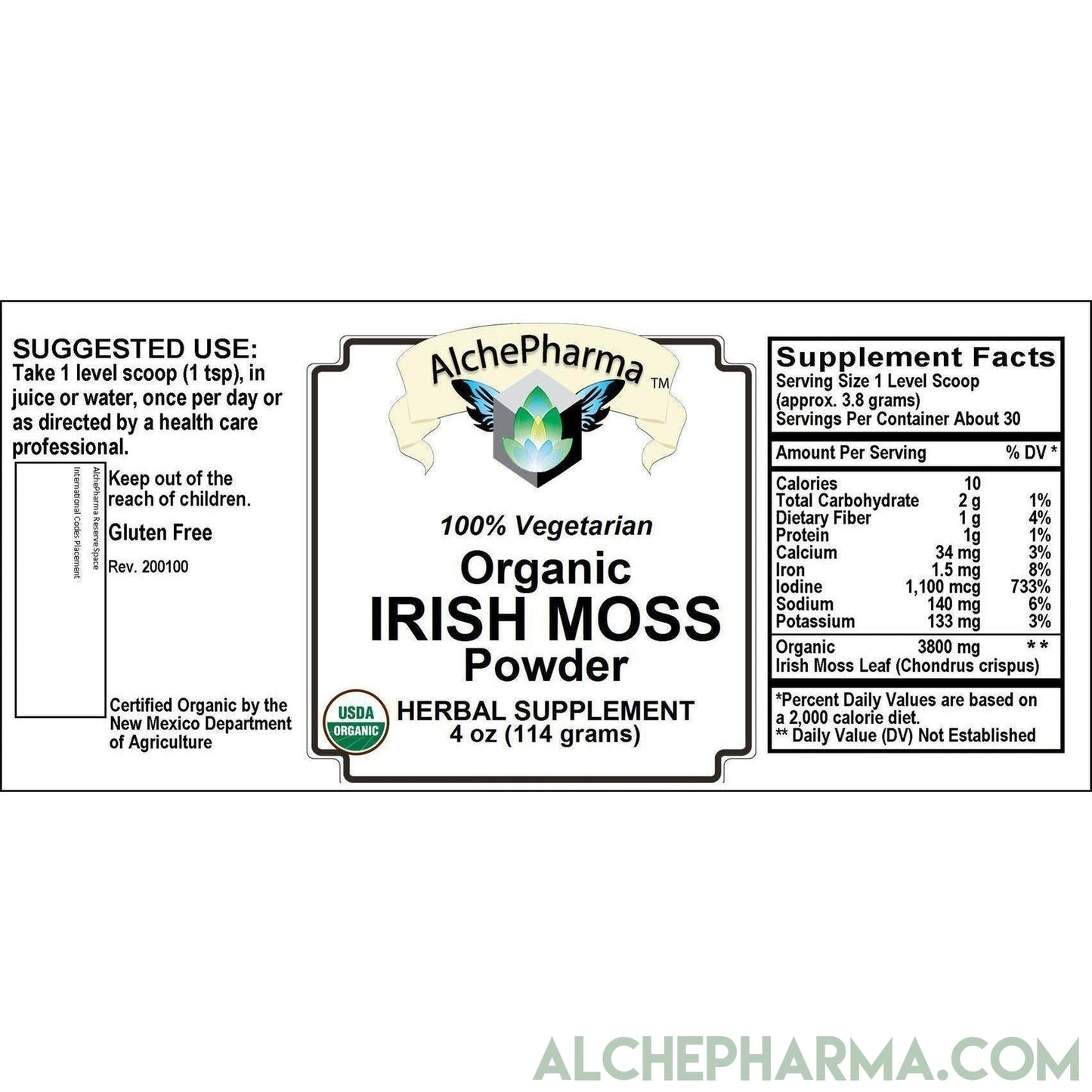 Irish Moss Leaf Powder, Pure, Certified Organic, Vegan, Chondrus crispus ( In Glass )-AlchePharma