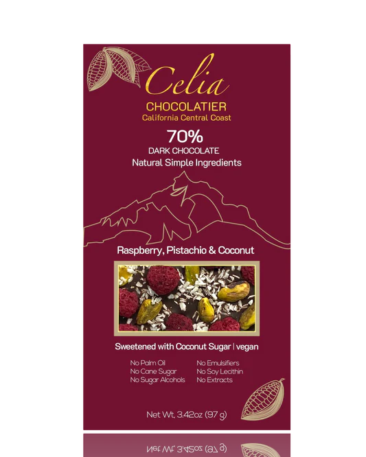 70% Dark Chocolate - Raspberry, Pistachio & Coconut (3.8oz)
