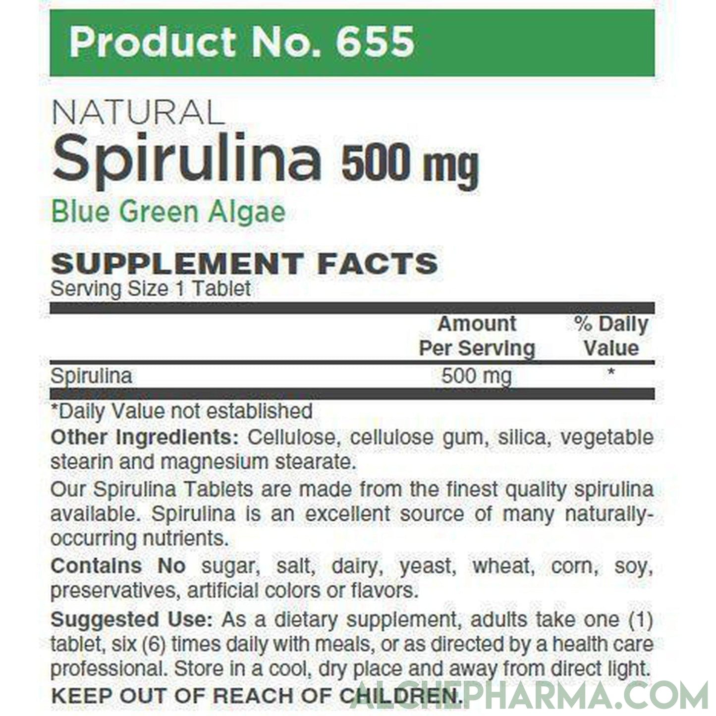 Spirulina Natural (Blue Green Algae) 500 mg 100 Tablets - AlchePharma