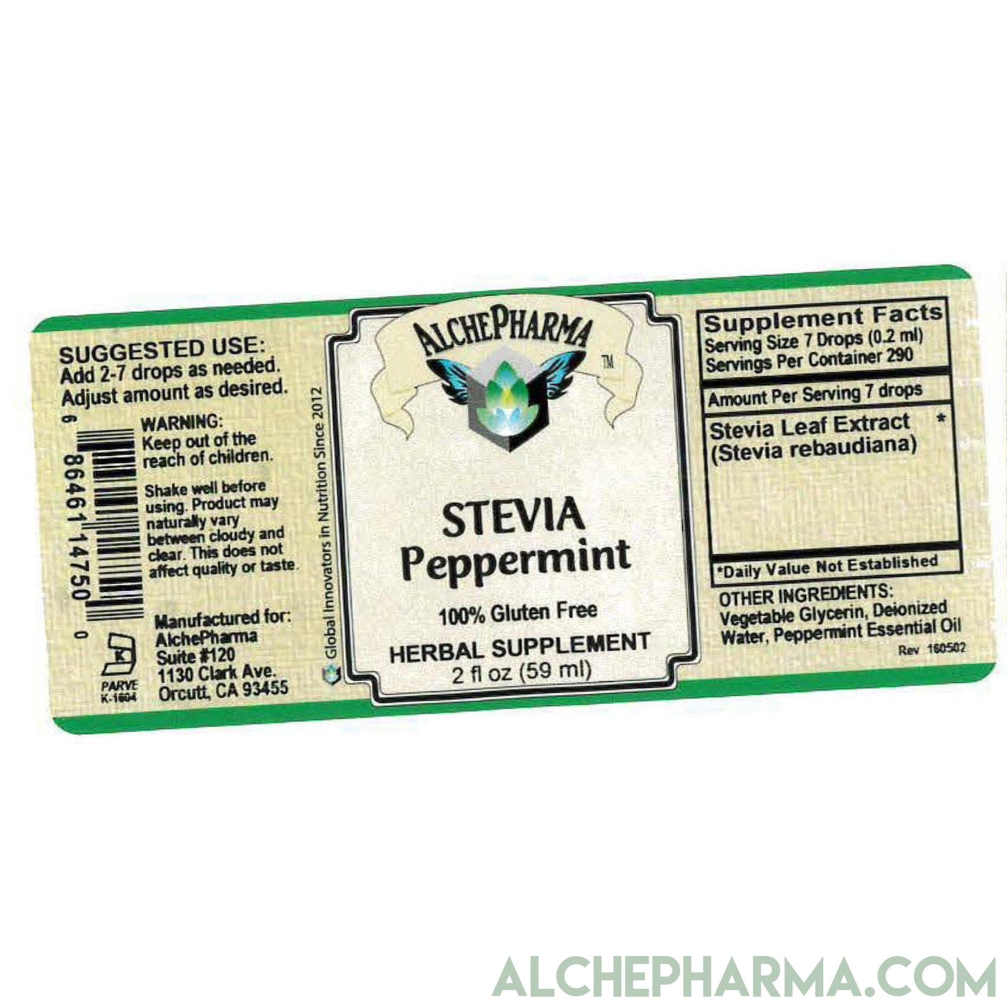 Stevia Peppermint Liquid (Voted Best Tasting) 290 Servings 2 oz, w/ Peppermint Essential Oils-Sweeteners-AlchePharma