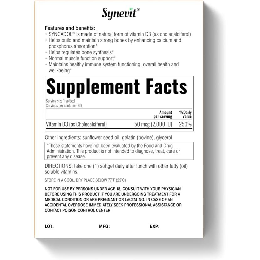 Syncadol - Vitamin D3 50mcg (2000 IU) - 30 Softgels-Vitamin D-AlchePharma