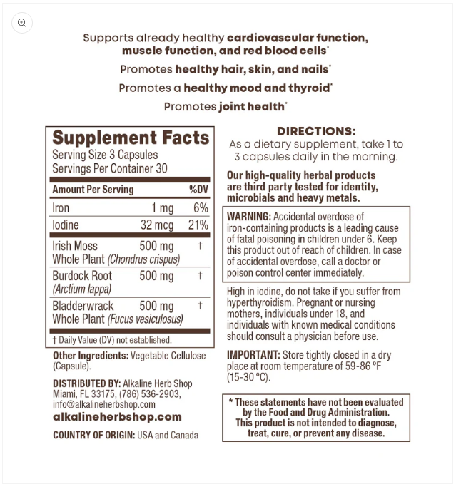 Sea Moss, Burdock Root & Bladderwrack Supplement - 90 Capsules