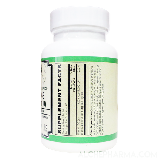 Vitamin D3 ( 5,000 IU - 125 mcg ) Whole Food Certified Organic, Chemically-identical to cholecalciferol of animal-origin - Vegan, Kosher, Halal-Vitamins & Supplements-AlchePharma