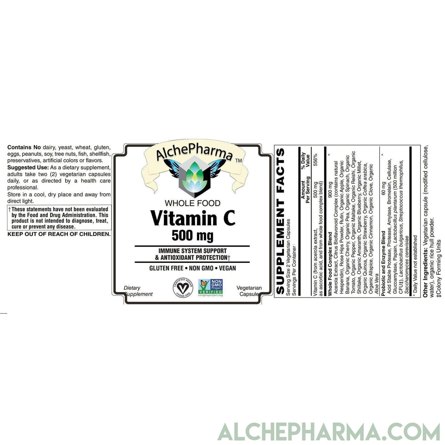Whole Food Vitamin C ( Acerola Extract, Whole Food Blend ) 500mg = 2caps - Vegan-Anti-Oxidant-AlchePharma