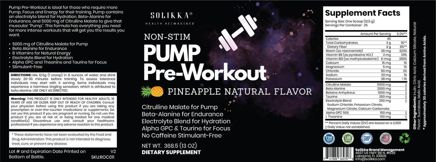 Non-Stim Pump Pre-Workout: Pineapple 312.5g w/ Natural Flavor