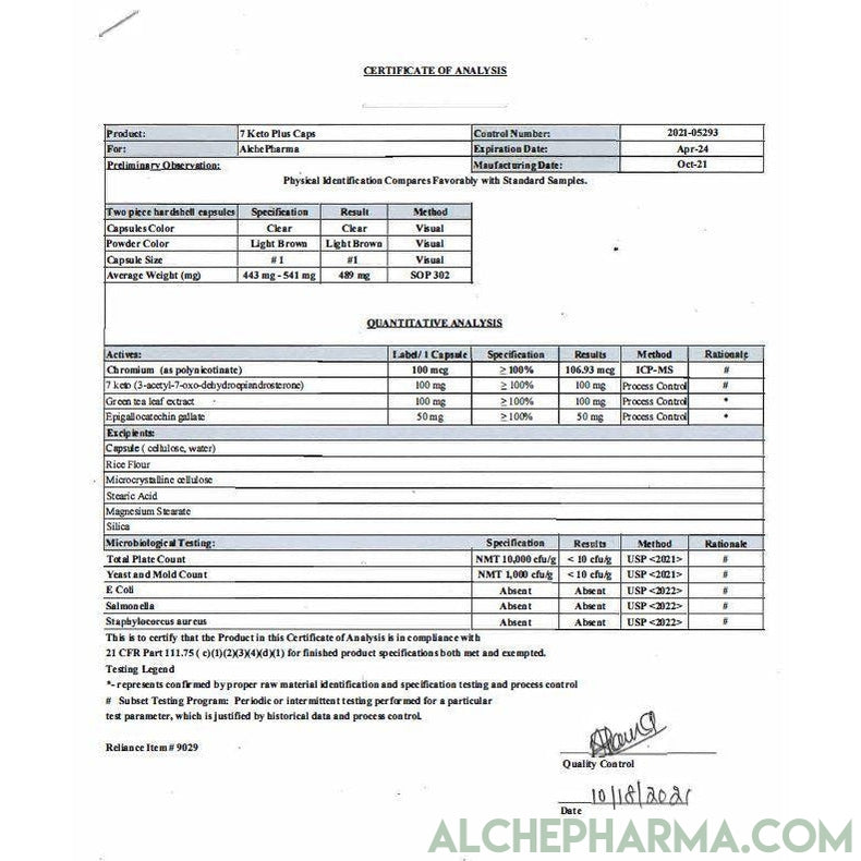 7-Keto Fit. 7-Keto ® (3-acetyl-7-oxo-dehydroepiandrosterone) / EGCG/ChromeMate® 30 Day Supply, 60 Vcaps-AlchePharma