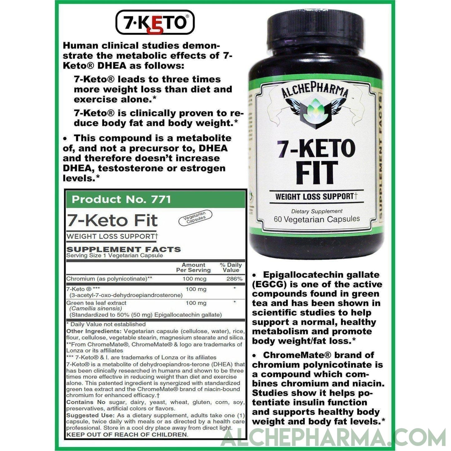 7-Keto Fit. 7-Keto ® (3-acetyl-7-oxo-dehydroepiandrosterone) / EGCG/ChromeMate® 30 Day Supply, 60 Vcaps - AlchePharma