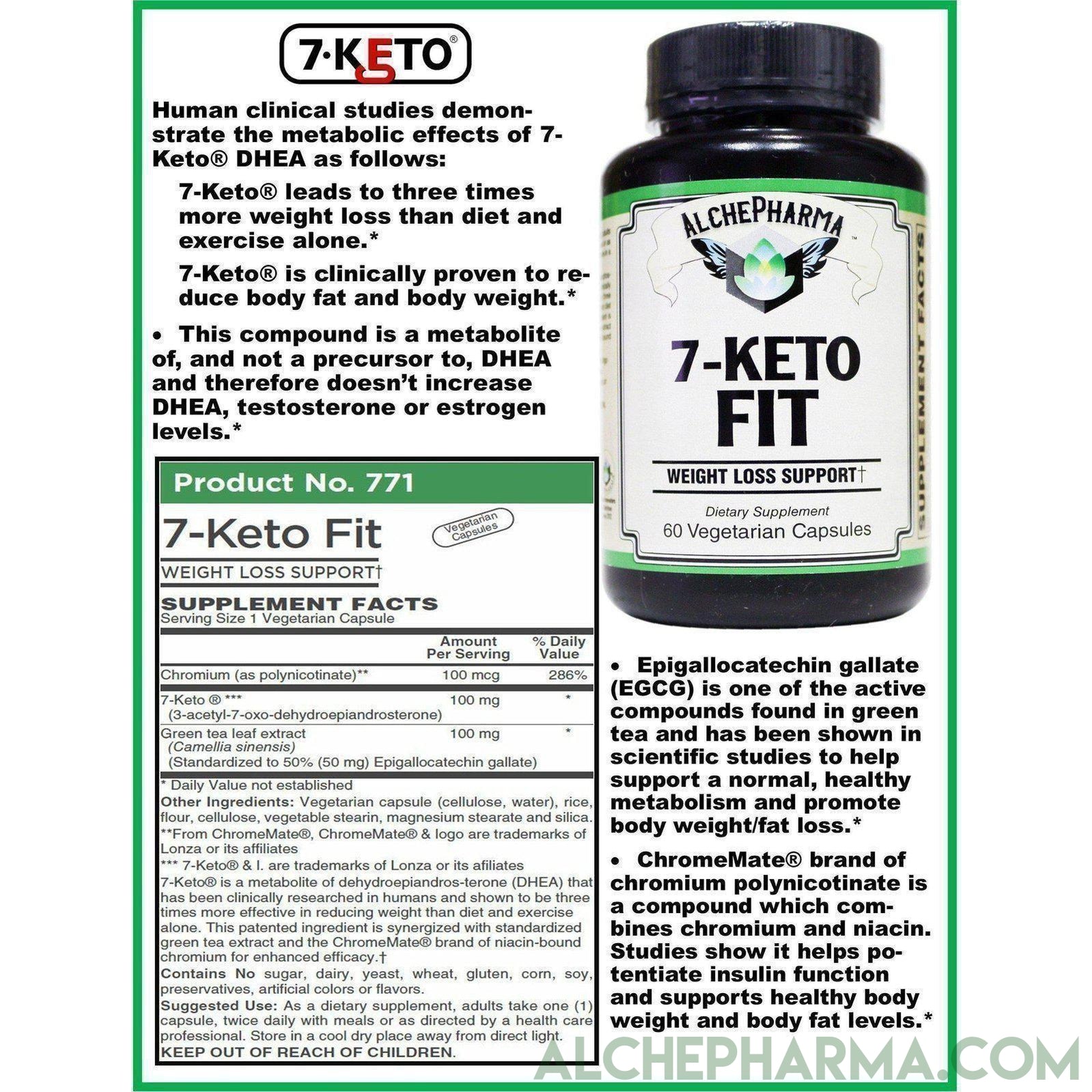 7-Keto Fit. 7-Keto ® (3-acetyl-7-oxo-dehydroepiandrosterone) / EGCG/ChromeMate® 30 Day Supply, 60 Vcaps - AlchePharma