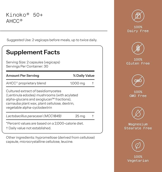 Kinoko 50+ AHCC with Sterilized Probiotics, 60 Vegicaps