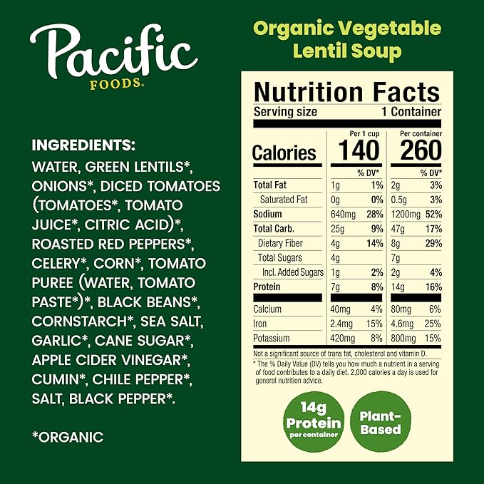 Pacific Foods Organic Vegetable Lentil Soup, Vegan Soup, 16.3 Oz