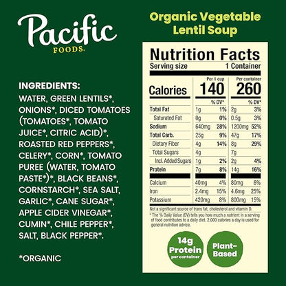 Pacific Foods Organic Vegetable Lentil Soup, Vegan Soup, 16.3 Oz