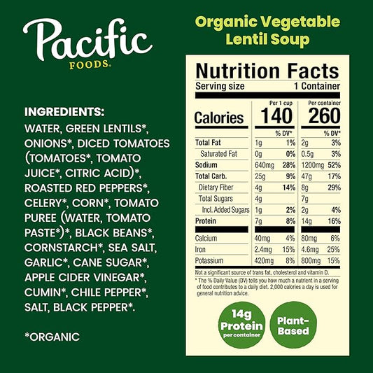 Pacific Foods Organic Vegetable Lentil Soup, Vegan Soup, 16.3 Oz