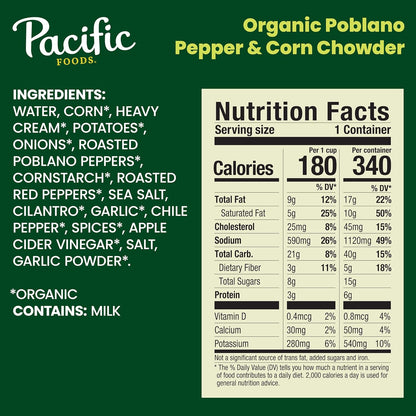 Pacific Foods, Soup Poblano Corn Chowder Organic, 16.3 Ounce