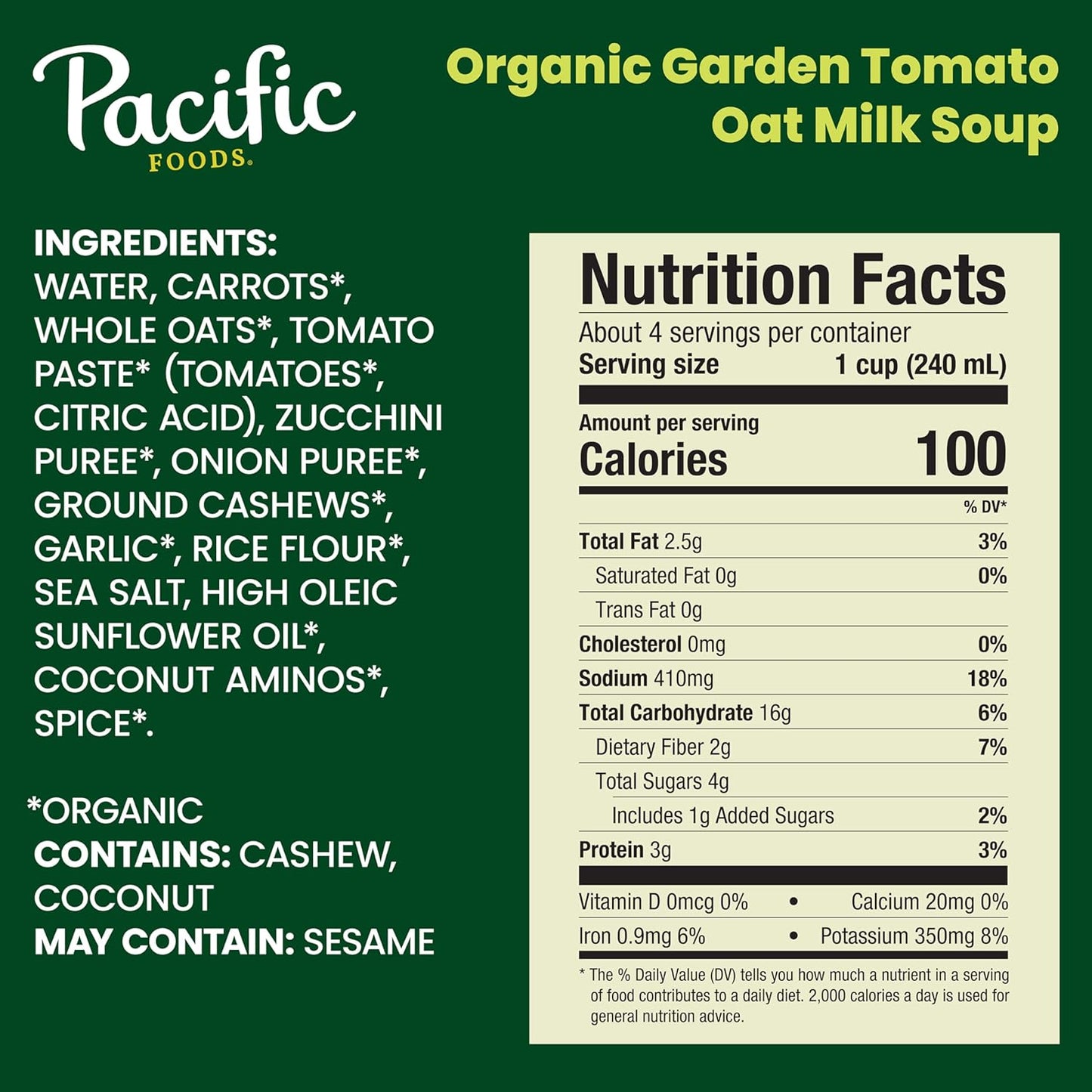 Pacific Foods, Organic Creamy Garden Tomato Oat Milk Soup, 32 Fl Oz