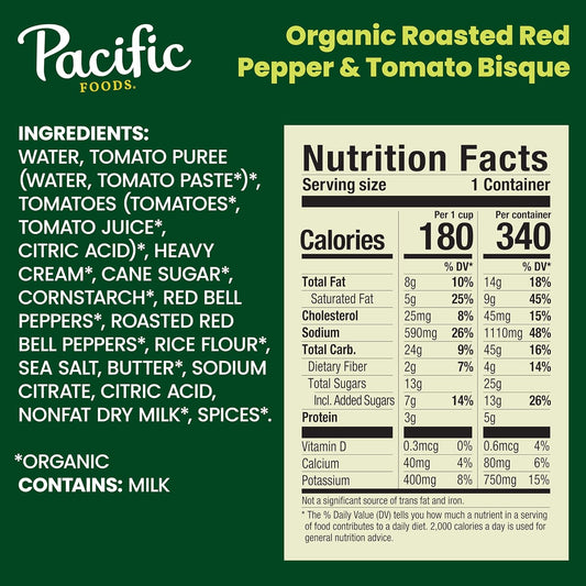 Pacific Foods Organic Roasted Red Pepper and Tomato Bisque, Vegetarian Soup, 16.3 Oz