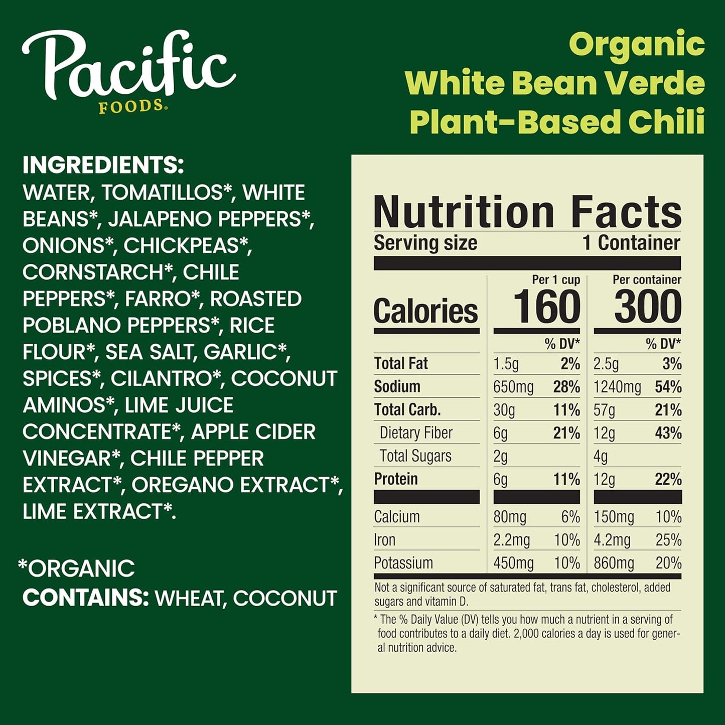 Pacific Foods Organic White Bean Verde Chili, Plant Based, 16.5 oz