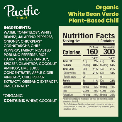 Pacific Foods Organic White Bean Verde Chili, Plant Based, 16.5 oz