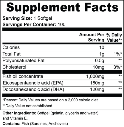 Omega-3 EPA 180mg + DHA 120mg - 100 Ct