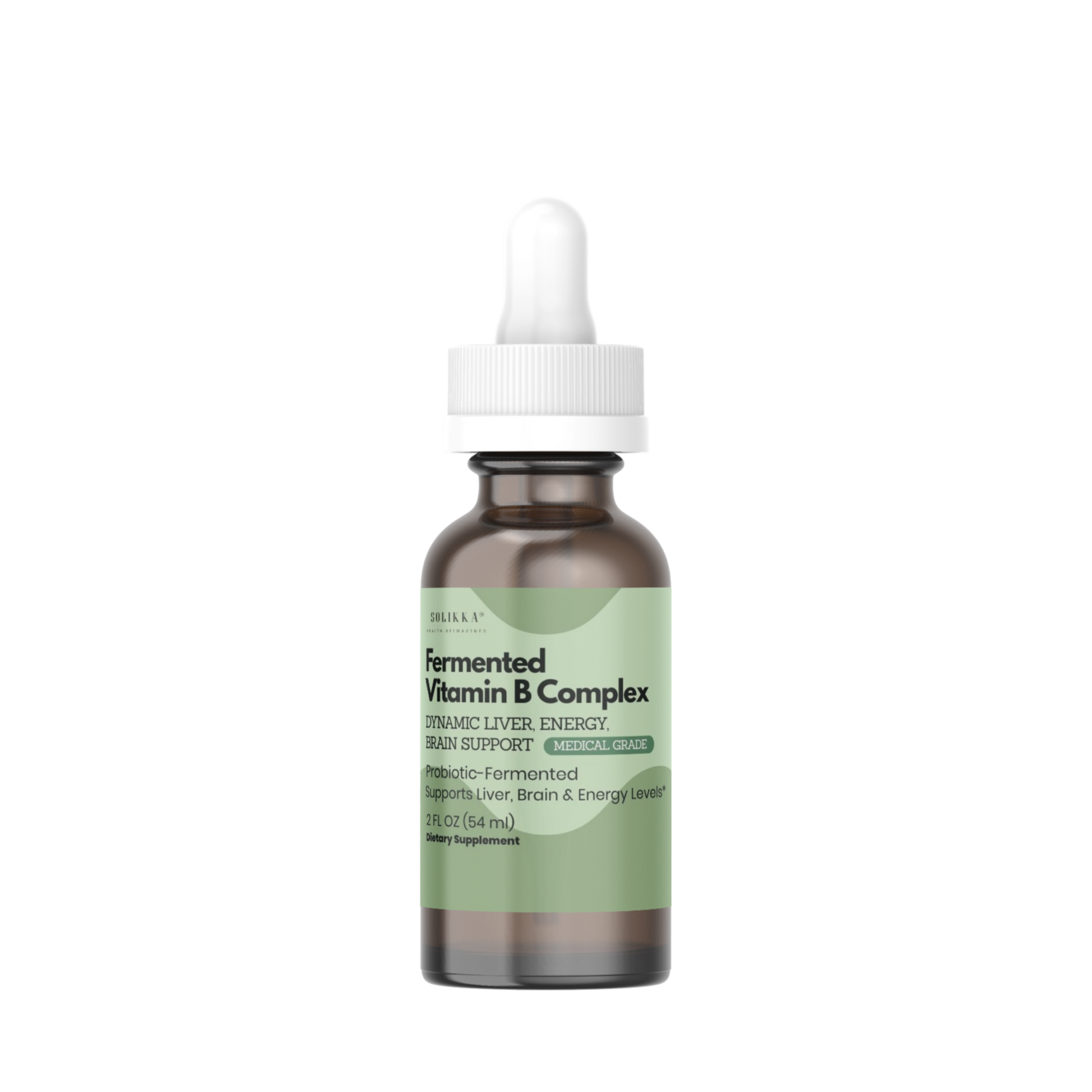 A small amber glass dropper bottle with a white cap and a pale green label, centered on a plain white background. The label text appears to read 'Soyfermented Vitamin B Complex'.