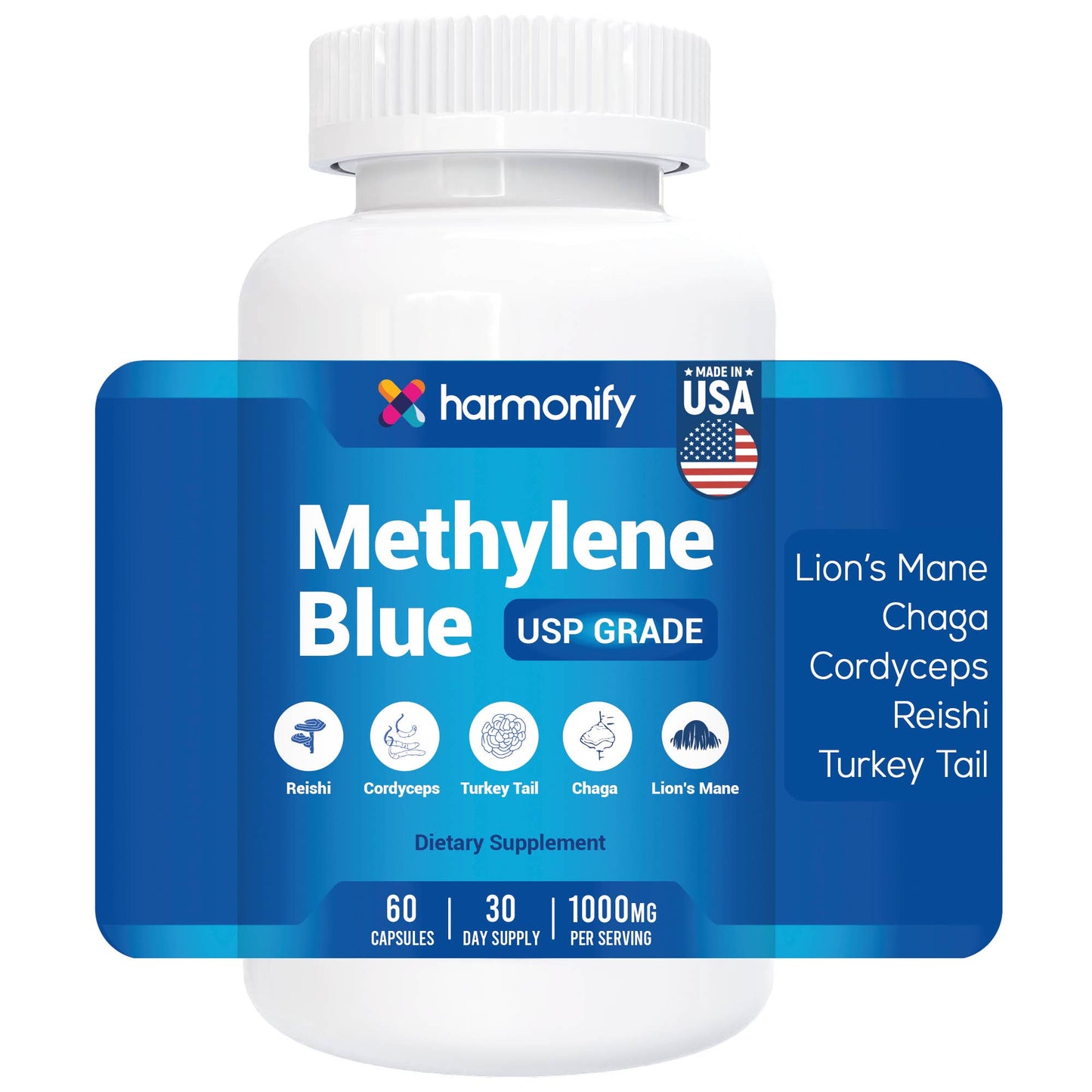 Methylene Blue Capsules with Lion’s Mane, Chaga, Cordyceps
