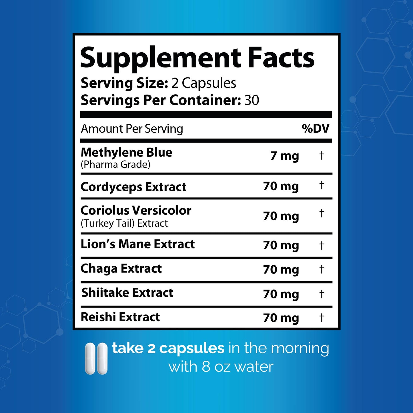 Methylene Blue Capsules with Lion’s Mane, Chaga, Cordyceps