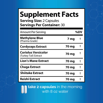 Methylene Blue Capsules with Lion’s Mane, Chaga, Cordyceps