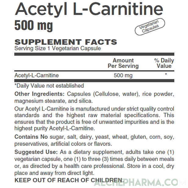 Acetyl L-Carnitine- 500 mg Vegetarian Capsules ( Sourced from Sigma-Tau Health Sciences )-Amino Acid-AlchePharma