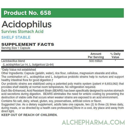 Acidophilus w/ Lactic Acid Producing strains L. acidophilus (La-14 ) and L. bulgaricus (La-64 ) 500 million viable cells per capsule-Probiotics-AlchePharma