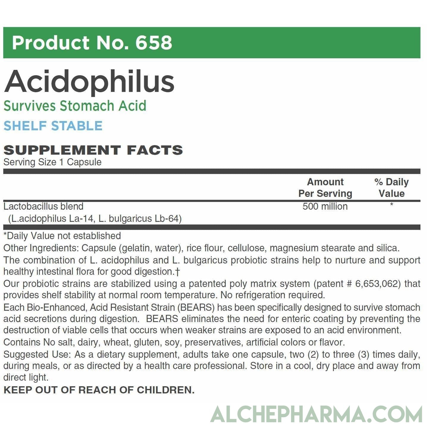 Acidophilus w/ Lactic Acid Producing strains L. acidophilus (La-14 ) and L. bulgaricus (La-64 ) 500 million viable cells per capsule-Probiotics-AlchePharma