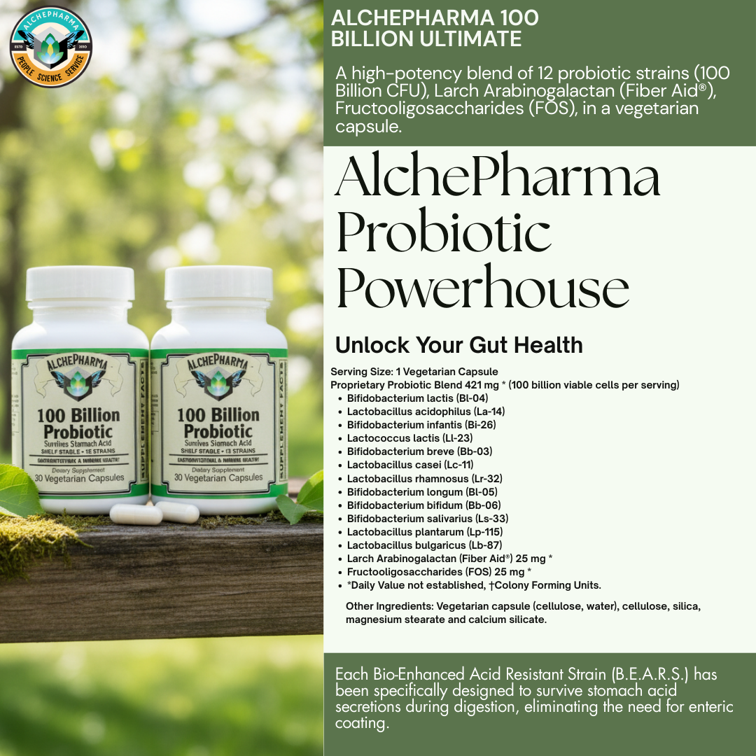 AlchePharma 100 Billion Ultimate Survival Probiotic with Bio-Enhanced Acid Resistant Strains (B.E.A.R.S.) and FiberAid® Prebiotic-probiotics-AlchePharma