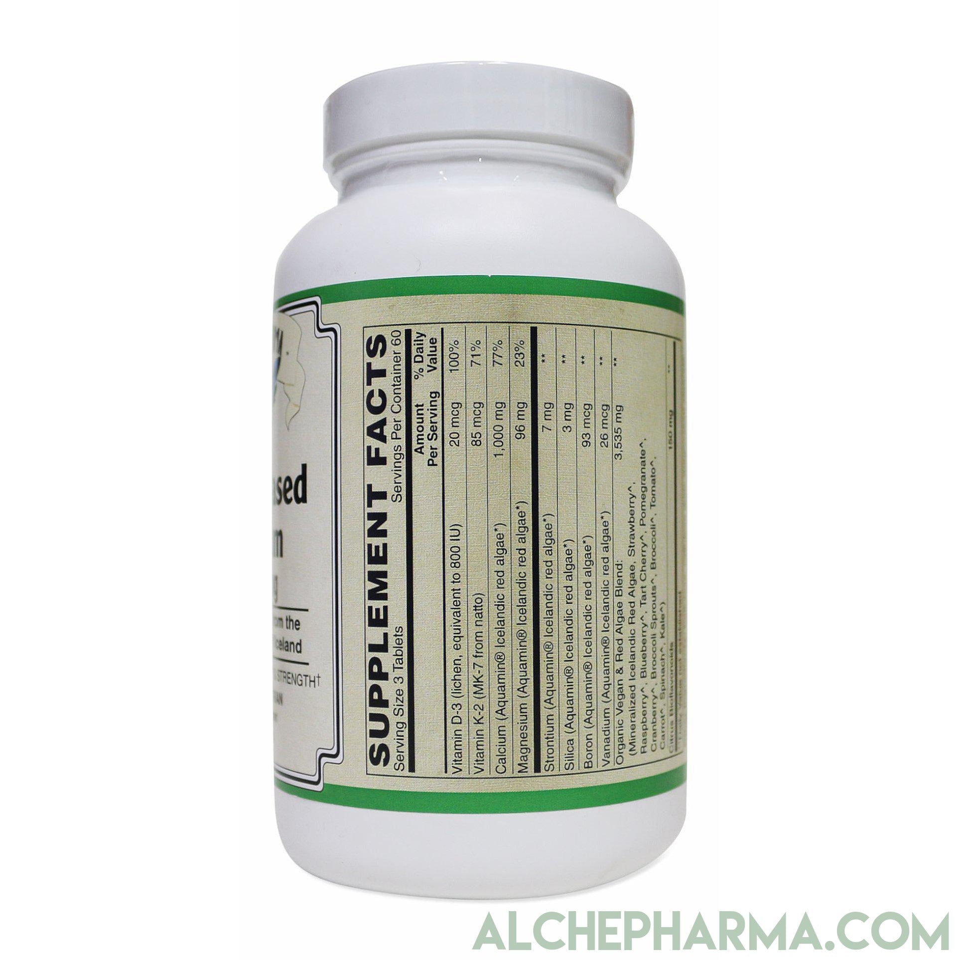 Algae Base Calcium ( Elemental, Vegan ) 1000 mg per 3 tablets Featuring Aquamin®, a premium trademarked source of Icelandic mineralized red algae-Minerals-AlchePharma