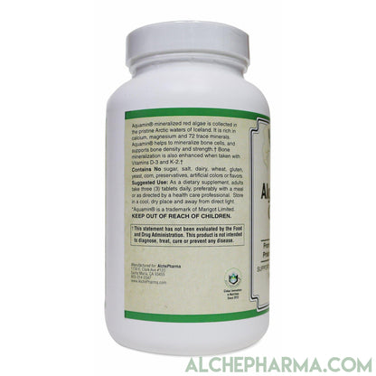 Algae Base Calcium ( Elemental, Vegan ) 1000 mg per 3 tablets Featuring Aquamin®, a premium trademarked source of Icelandic mineralized red algae-Minerals-AlchePharma