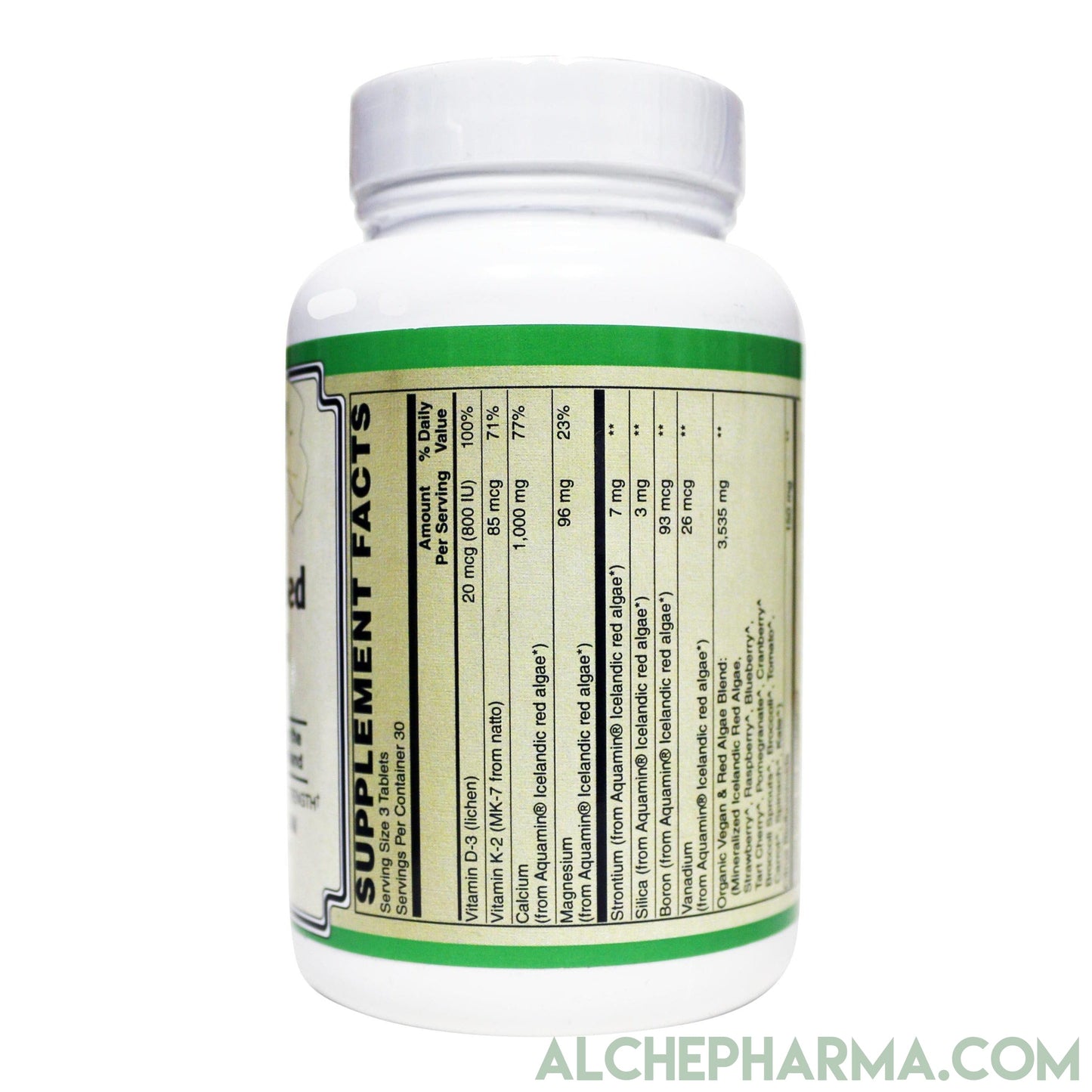 Algae Base Calcium ( Elemental, Vegan ) 1000 mg per 3 tablets Featuring Aquamin®, a premium trademarked source of Icelandic mineralized red algae-Minerals-AlchePharma