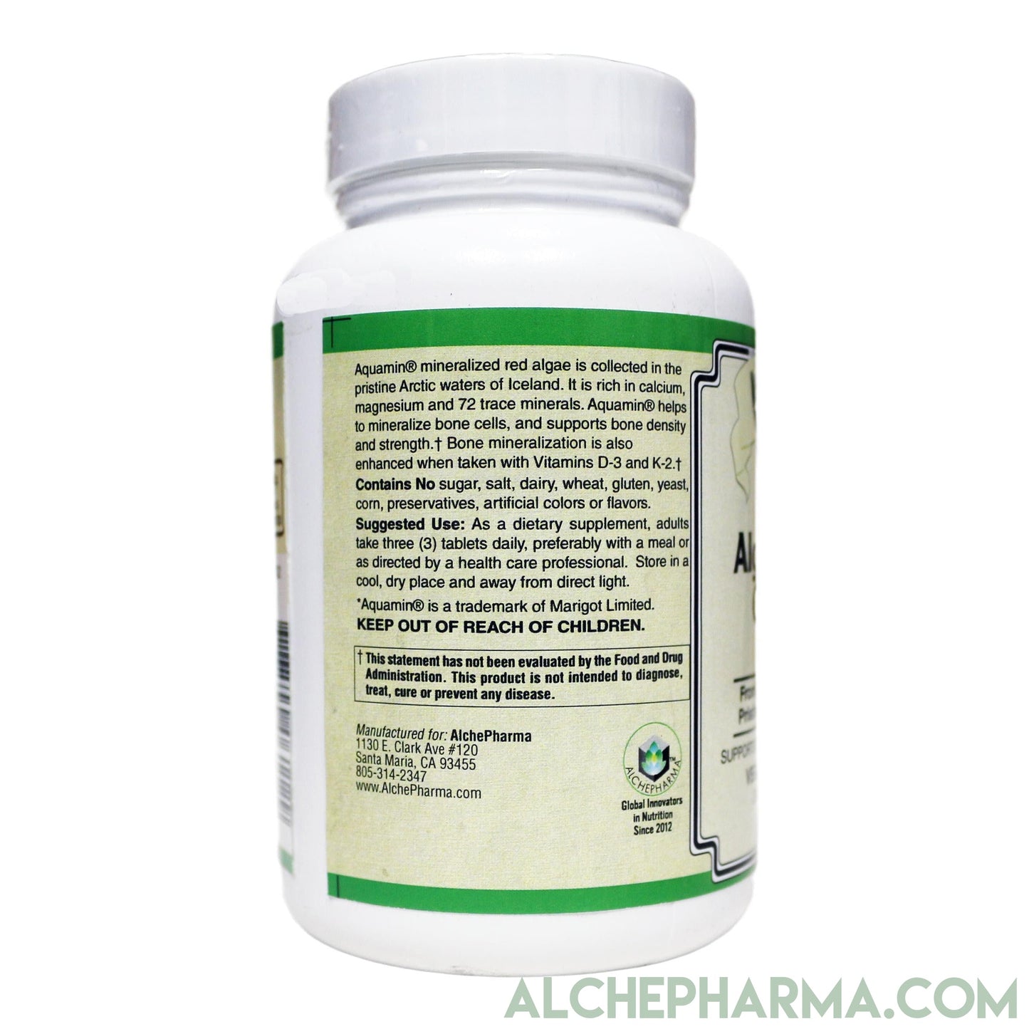 Algae Base Calcium ( Elemental, Vegan ) 1000 mg per 3 tablets Featuring Aquamin®, a premium trademarked source of Icelandic mineralized red algae-Minerals-AlchePharma