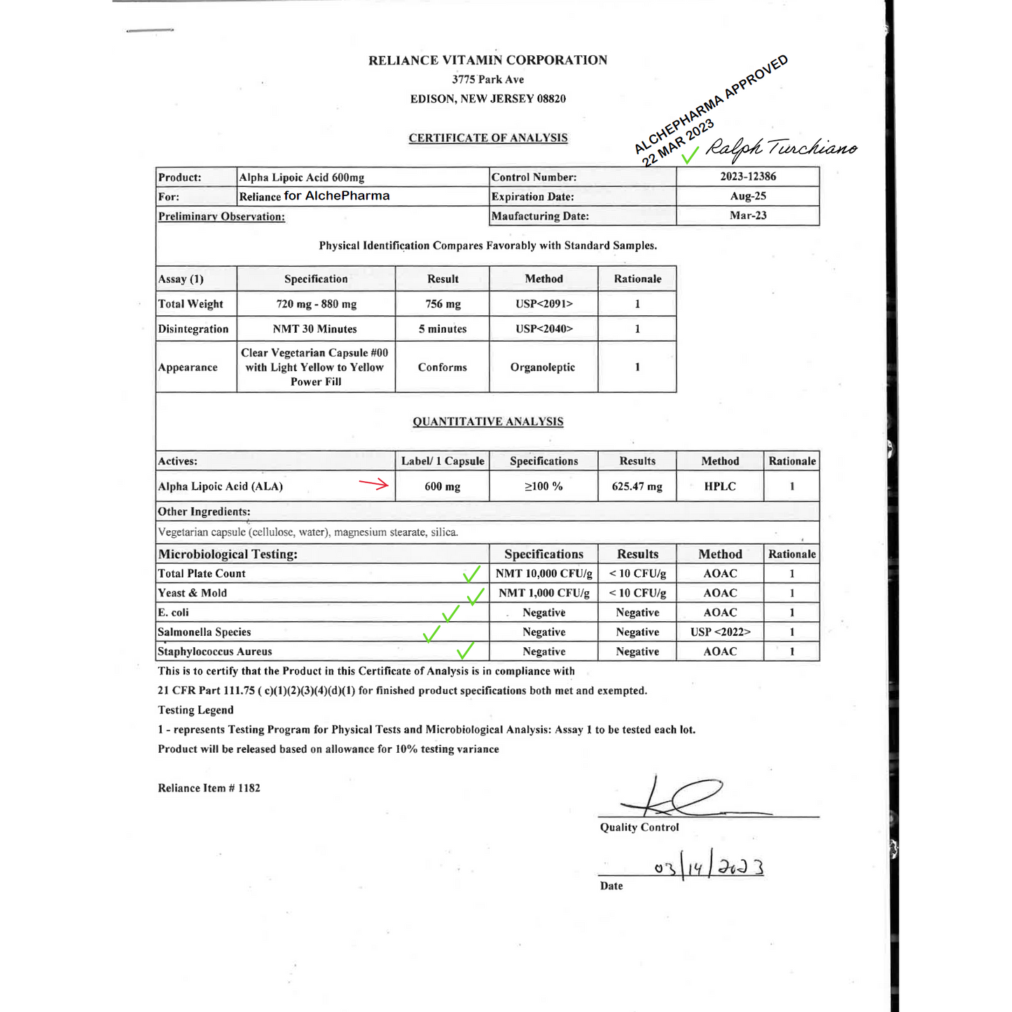 Alpha Lipoic Acid 600 mg 50:50 R and S forms-Anti-Oxidant-AlchePharma