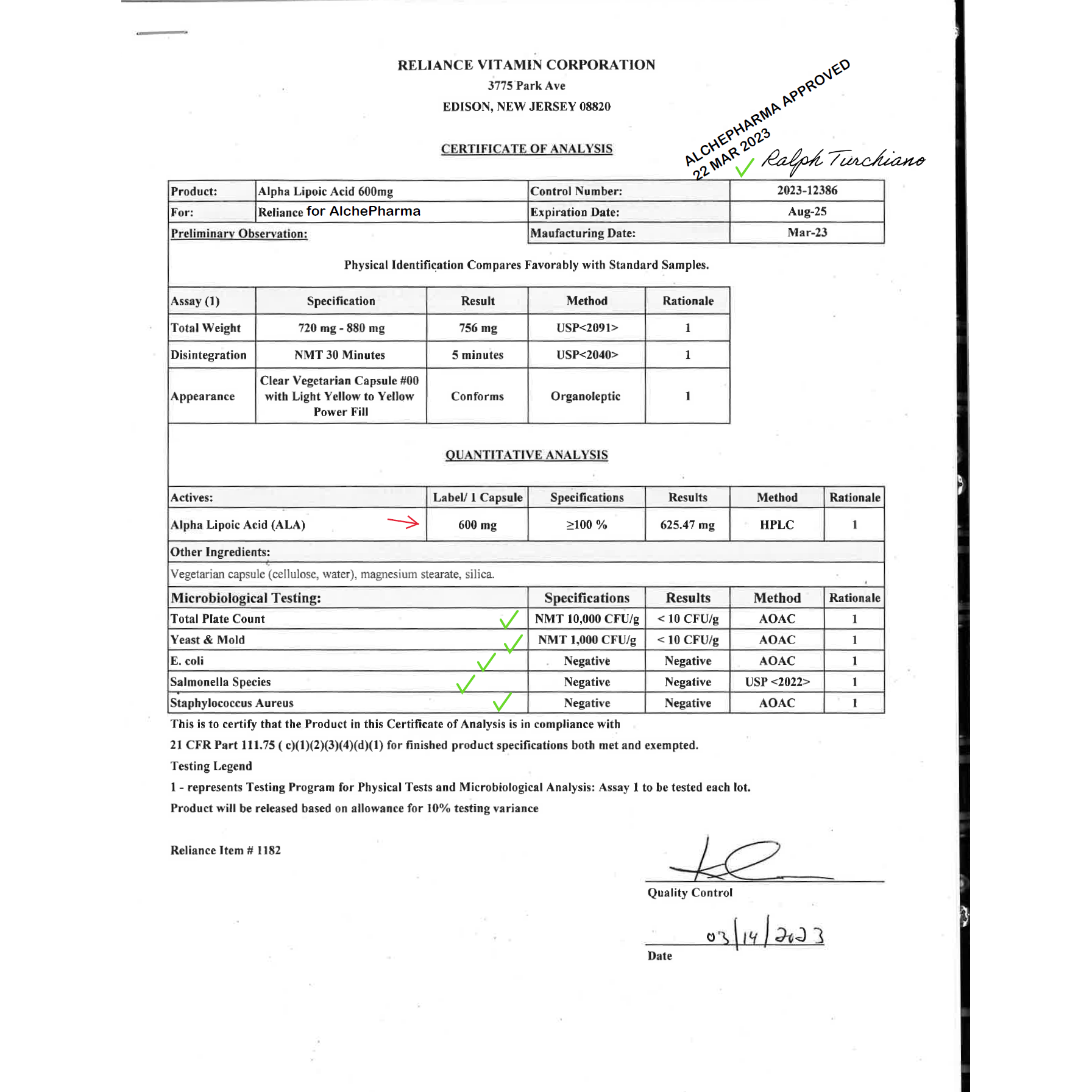 Alpha Lipoic Acid 600 mg 50:50 R and S forms-Anti-Oxidant-AlchePharma