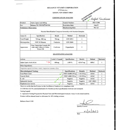 Alpha Lipoic Acid 600 mg 50:50 R and S forms-Anti-Oxidant-AlchePharma