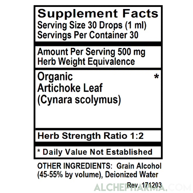 Artichoke Liquid Tincture ( Organic Artichoke Leaf ) 500 mg Equivalence per serving Parve K-1604-Herb Tincture-AlchePharma